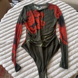 Olive Green and Orange Floral Bodysuit Fashion Nova Medium